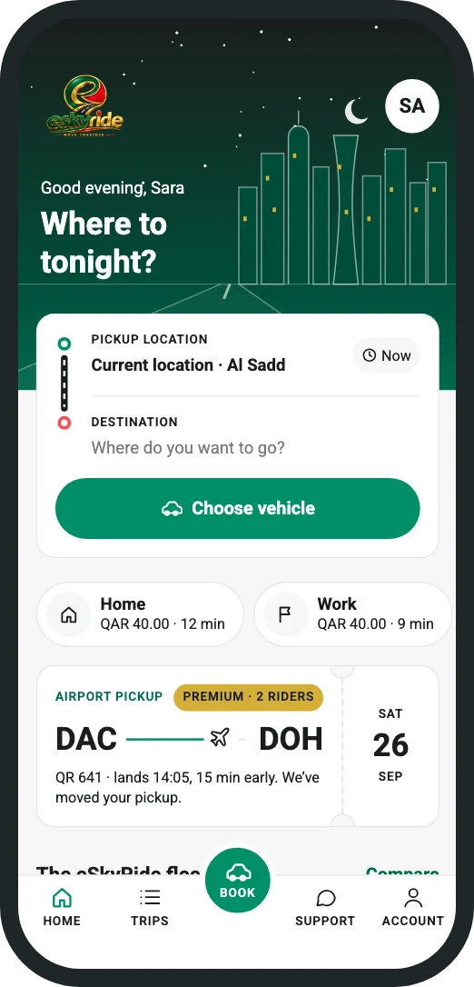 الشاشة الرئيسية لتطبيق eSkyRide مع استقبال محجوز من المطار